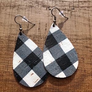 Tear shaped leather buffalo check plaid earrings
